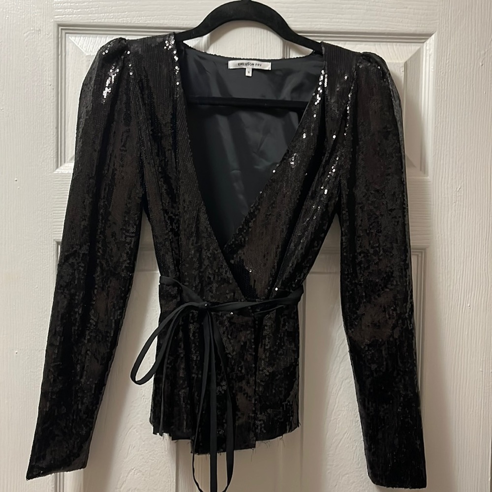 Emerson Fry Black Sequin Wrap Top